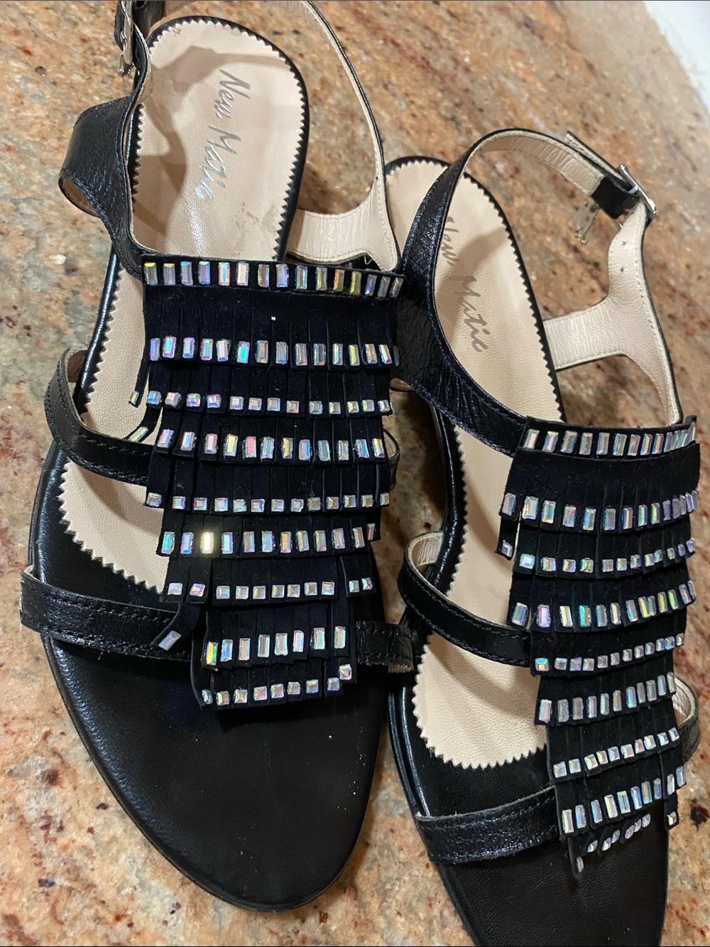 Black Beaded Fringe Slingback Sandals